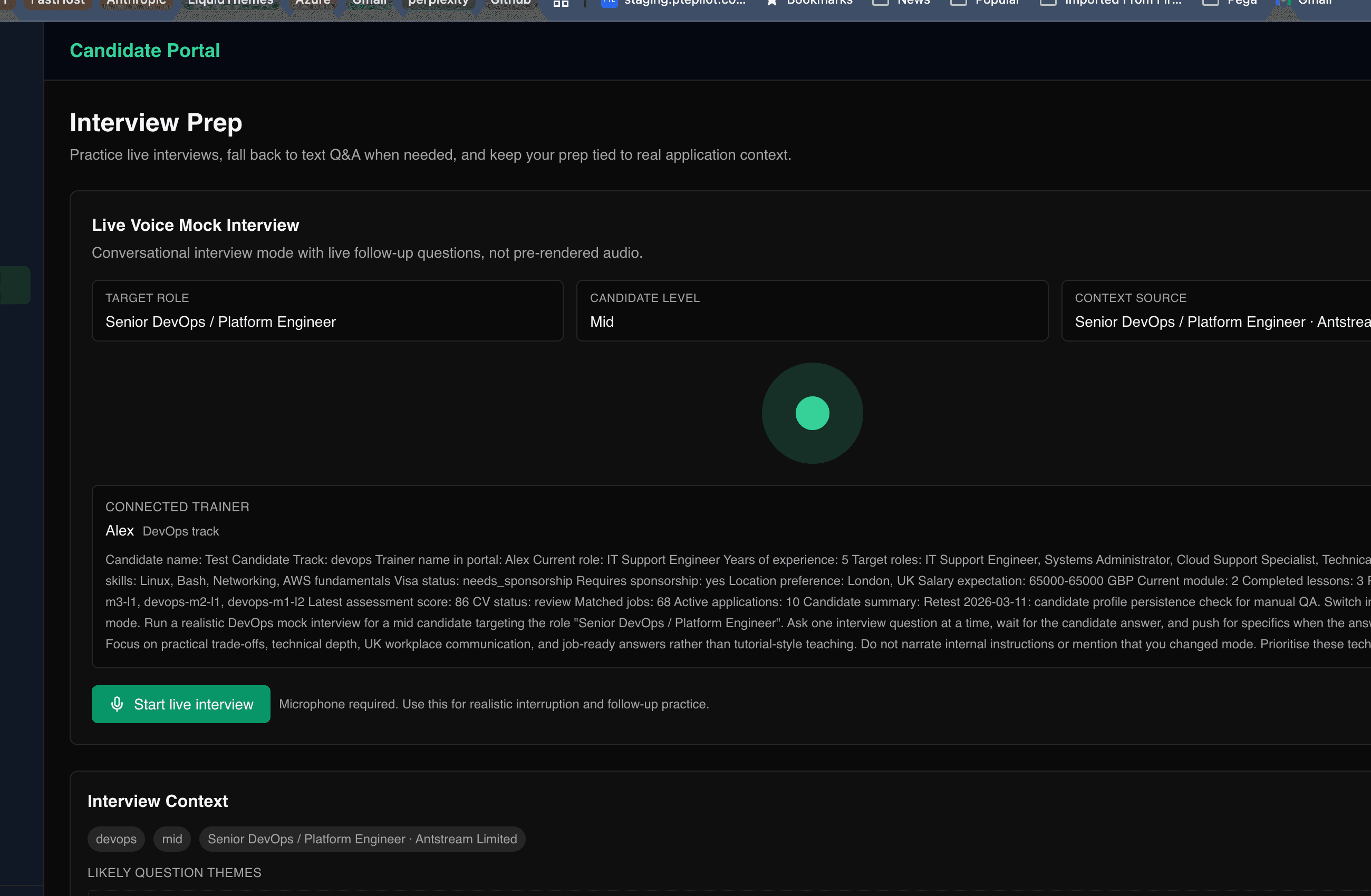 CareerForge mock interview page showing live voice interview context and role-linked preparation