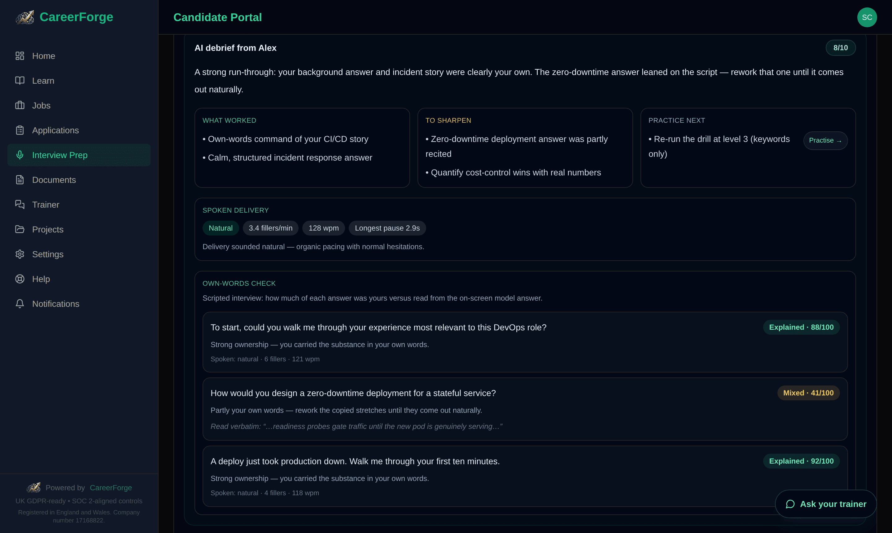 CareerForge interview debrief with per-question ownership verdicts and spoken delivery analysis