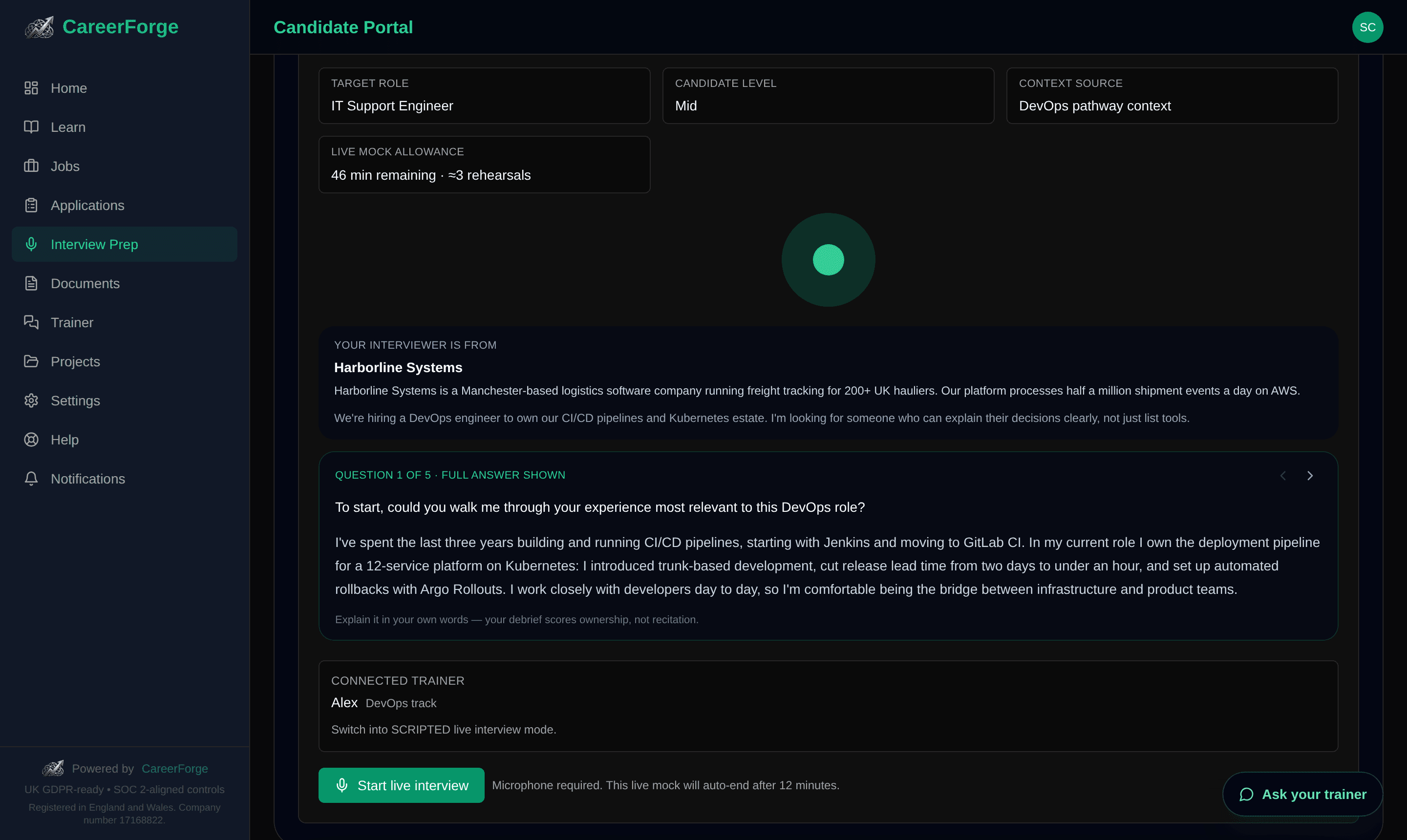 CareerForge scripted interview showing the fictional company brief and an on-screen model answer